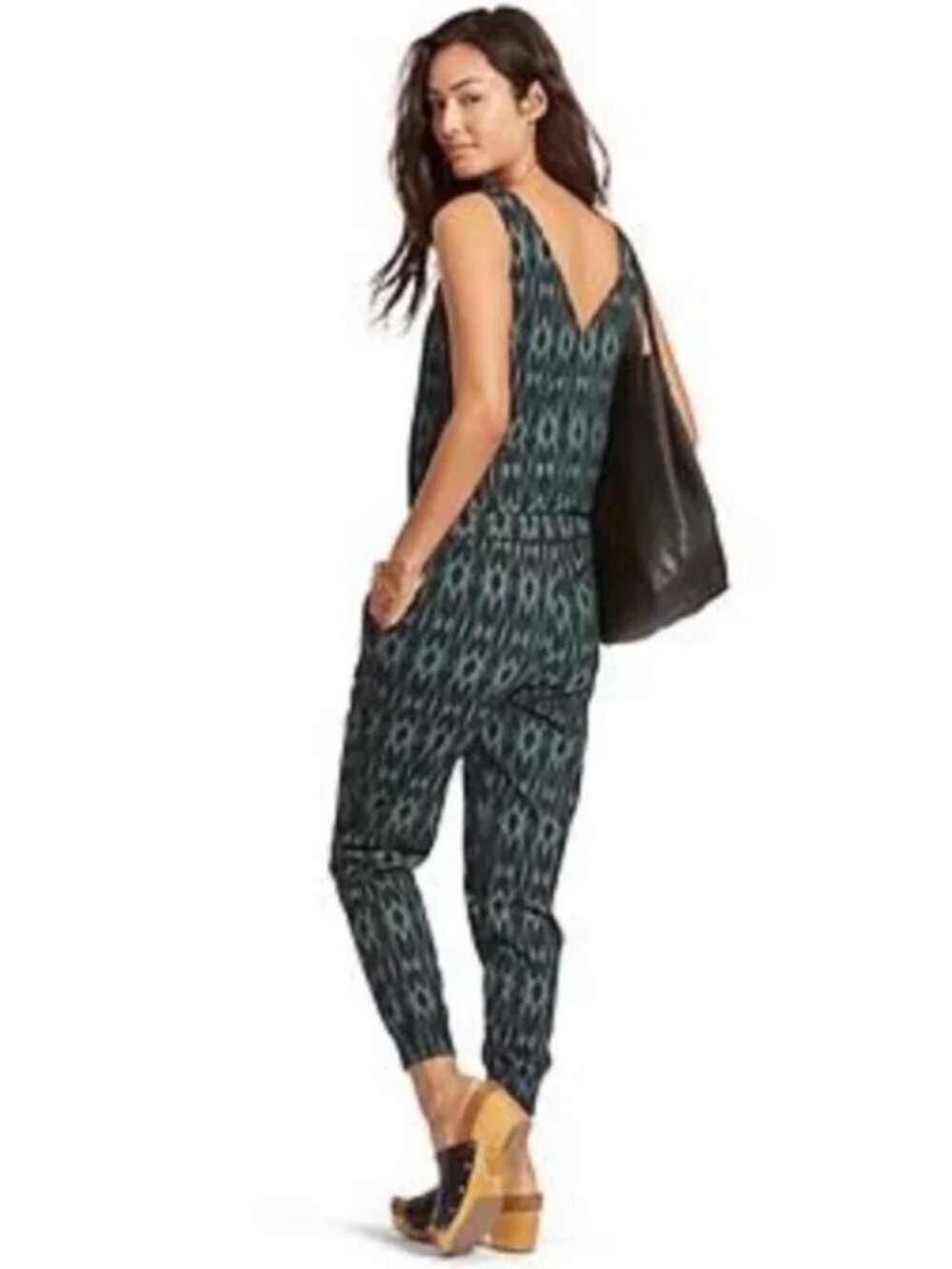 Athleta Ikat Crossback Jumpsuit Size 6 Jasper Green Sleeveless Drawstring Jogger